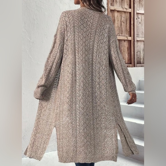 New Open Front Solid Crochet Hollow Cardigan Knit Long Sleeve Split Neutral NWT - Picture 3 of 16
